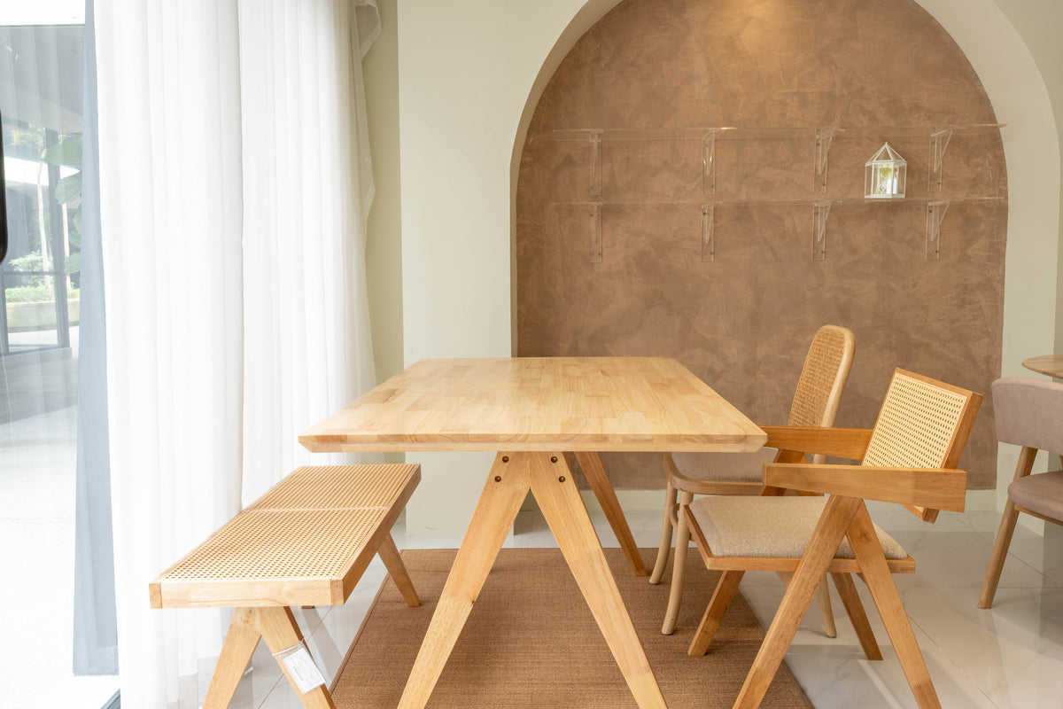 Timber dining table and bench by Chic Est
