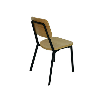 This chair unites a natural wooden seat and a durable steel frame.   The chair can be easily stacked and it is suitable for dining spaces.